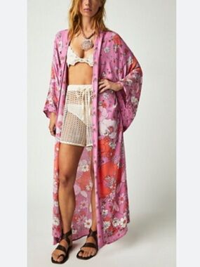 Free people hidden hills pink floral maxi kimono coverup 70s flower power floral
